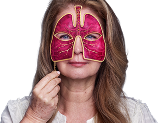 Woman with long hair and a pink mask